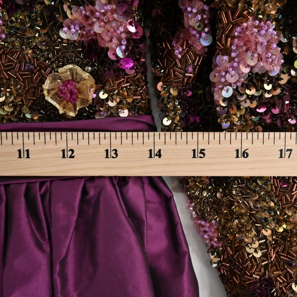 Victoria Royal Beaded Dress Womens 10 Silk Gown‎ Purple Taffeta Bow Vintage 60s